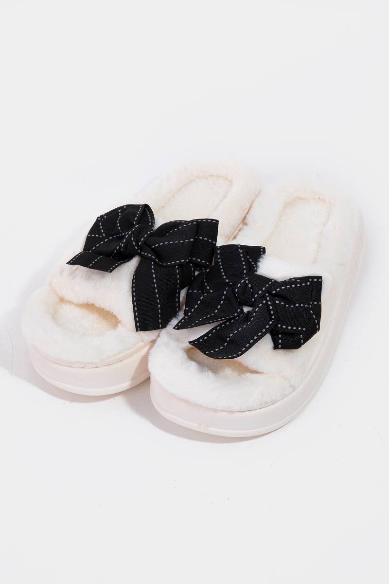 Open Toe Bow Decor Fuzzy Slippers ~ 7/8