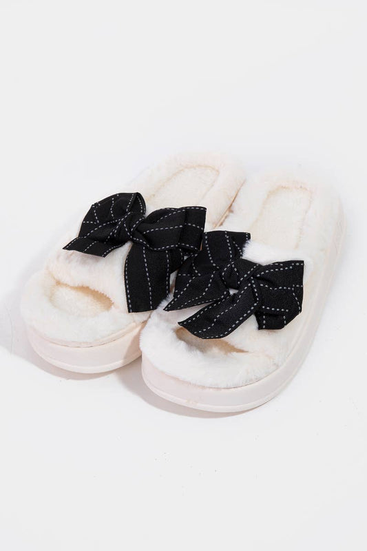 Open Toe Bow Decor Fuzzy Slippers ~ 7/8