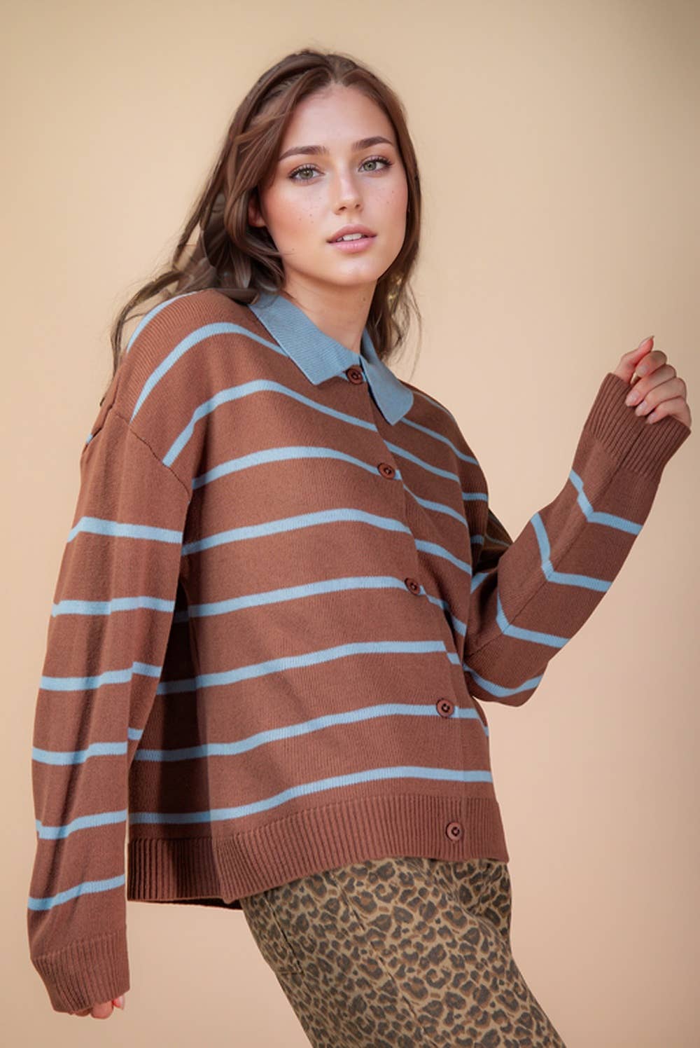Mocha Oversized Button Down Striped Casual Sweater