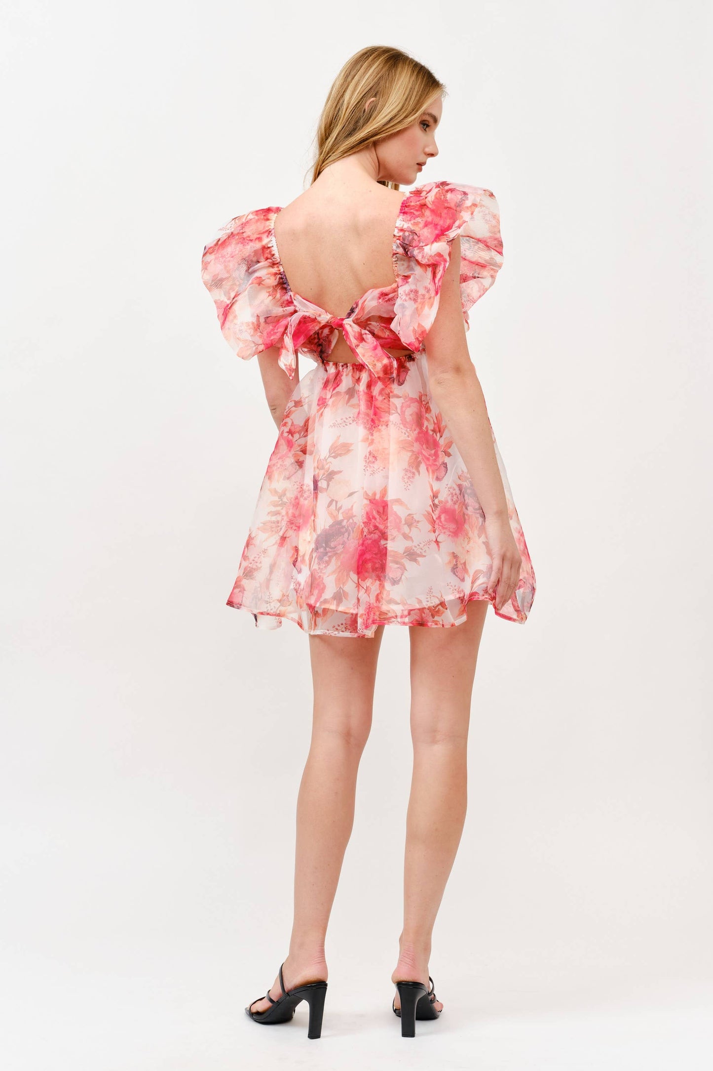 Pink Floral Chiffon Mini Dress with Ruffle Sleeves