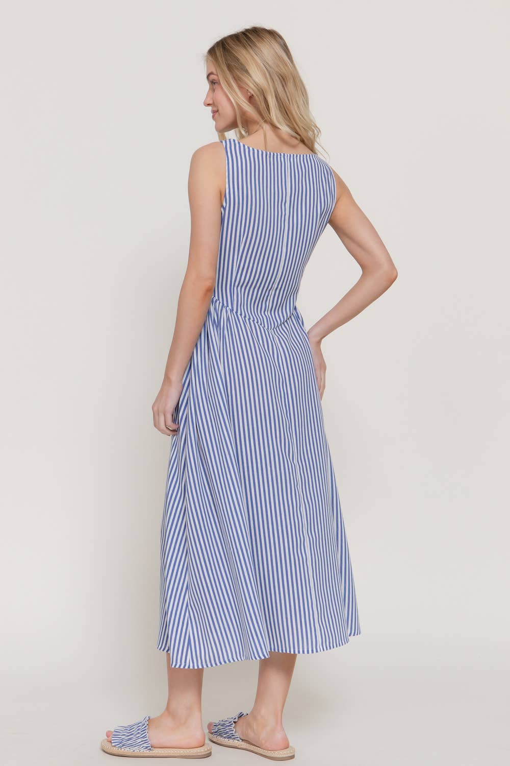 Sleeveless Boat Neck Stripe Print Linen Effect Dress