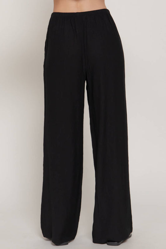 Elastic Waistband Crinkle Woven Long Pants