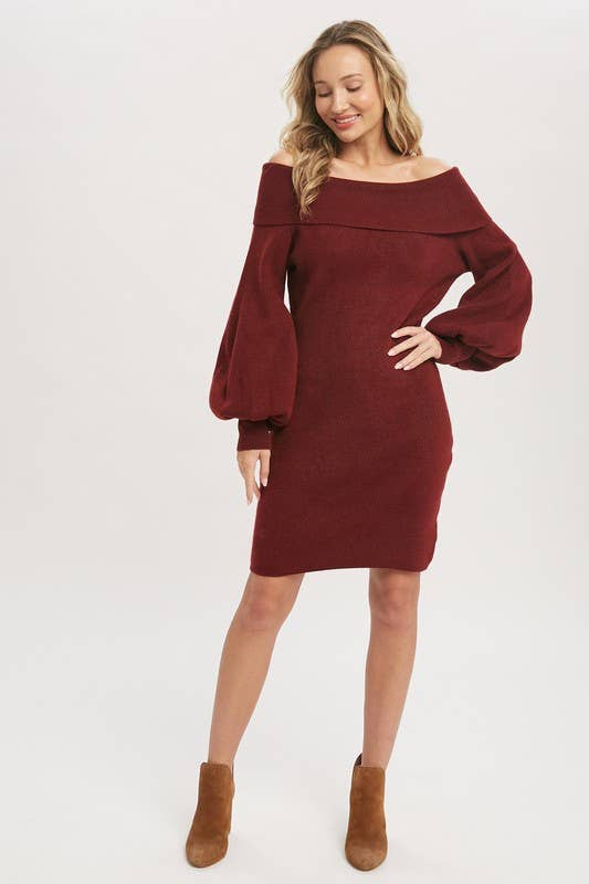 Bubble Sleeve Off Shoulder Sweater Knit Dress