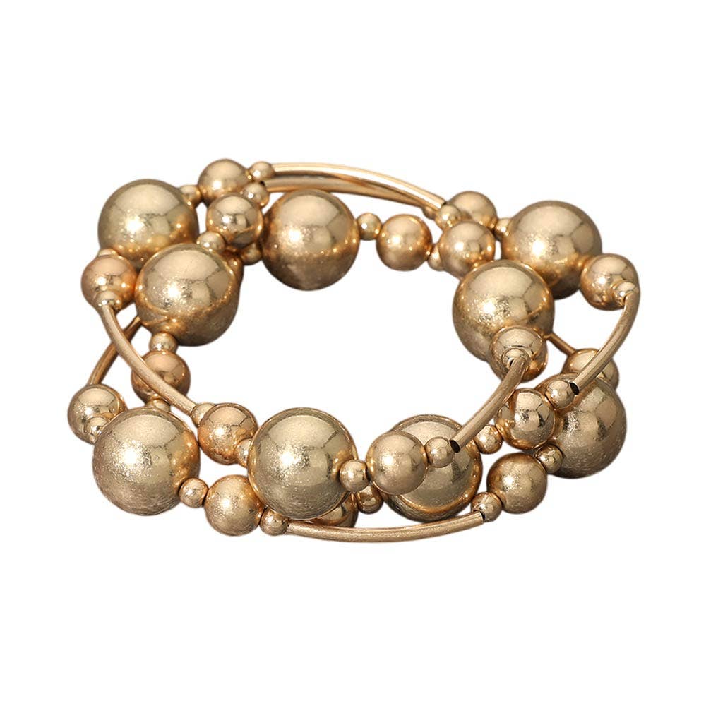 3PCS - Metal Ball Bar Beaded Stretch Multi Layered Bracelets: Worn Gold