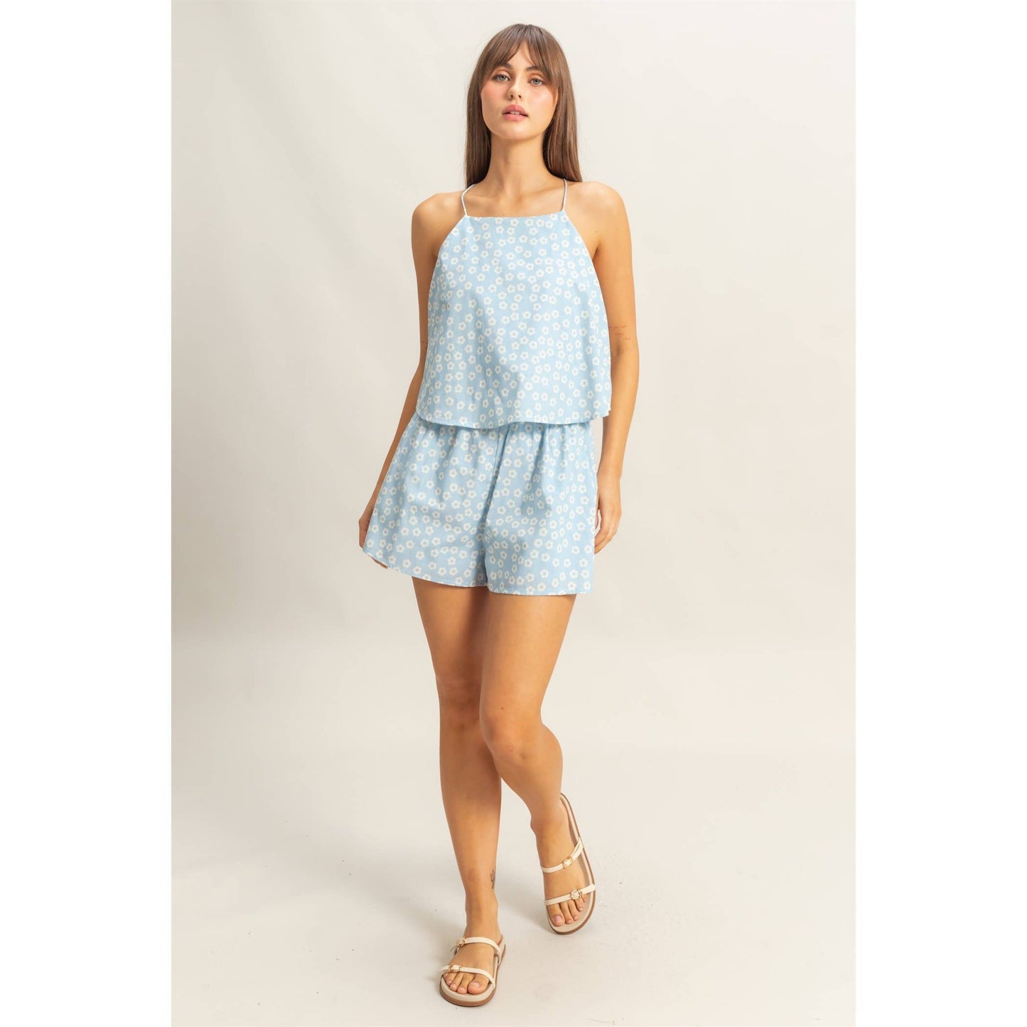 Ditsy Print Halter Neck Open Back Romper