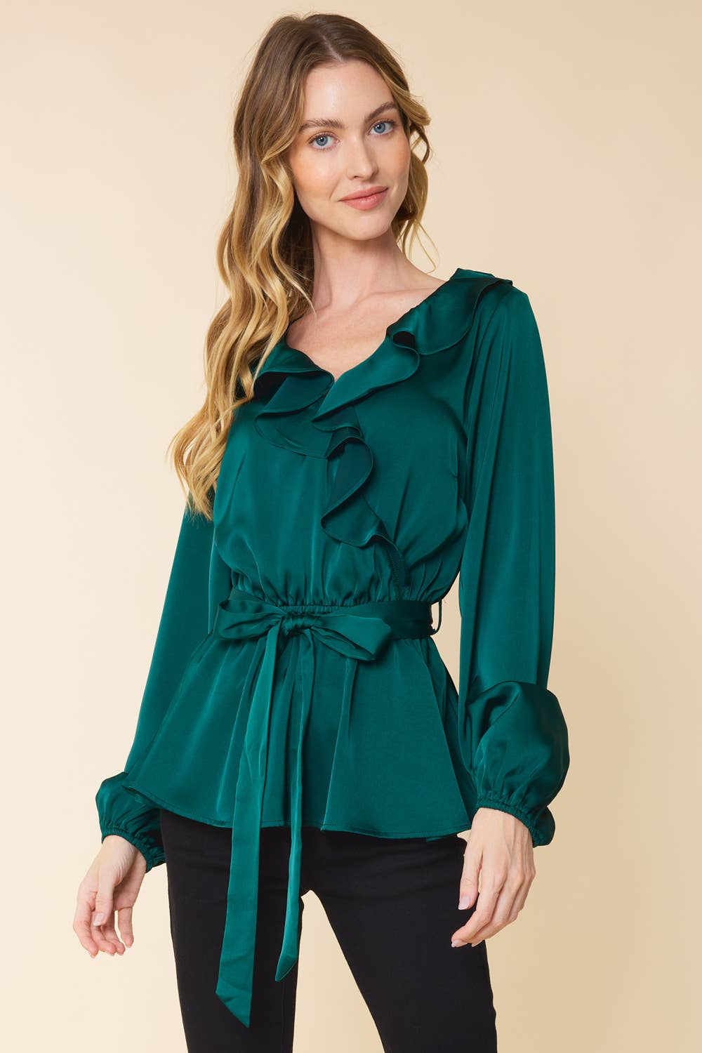 RUFFLED SATIN TOP WITH SELF TIE BELT