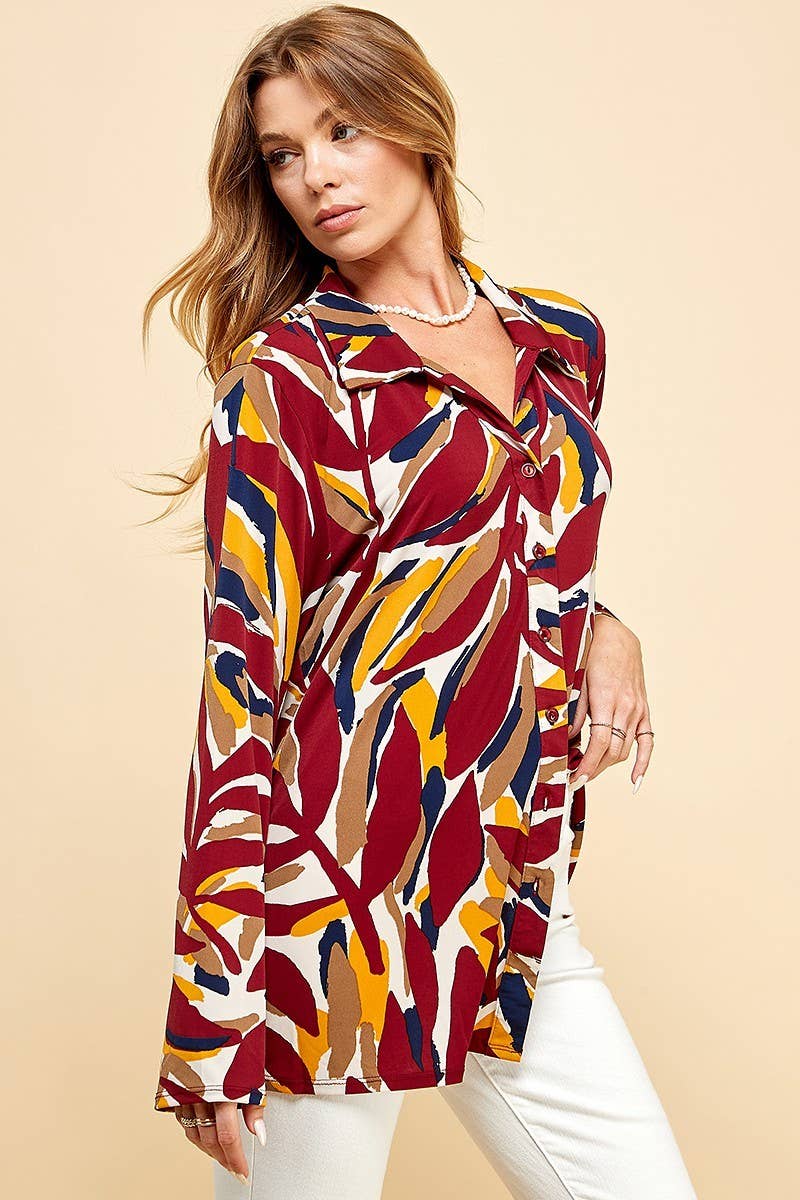 COLOR BUTTON UP COLLAR LOOSE SHIRT TOP