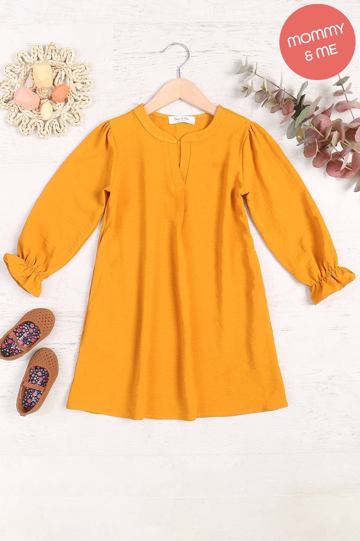 KIDS MUSTARD COLLARED NECKLINE WOVEN DRESS