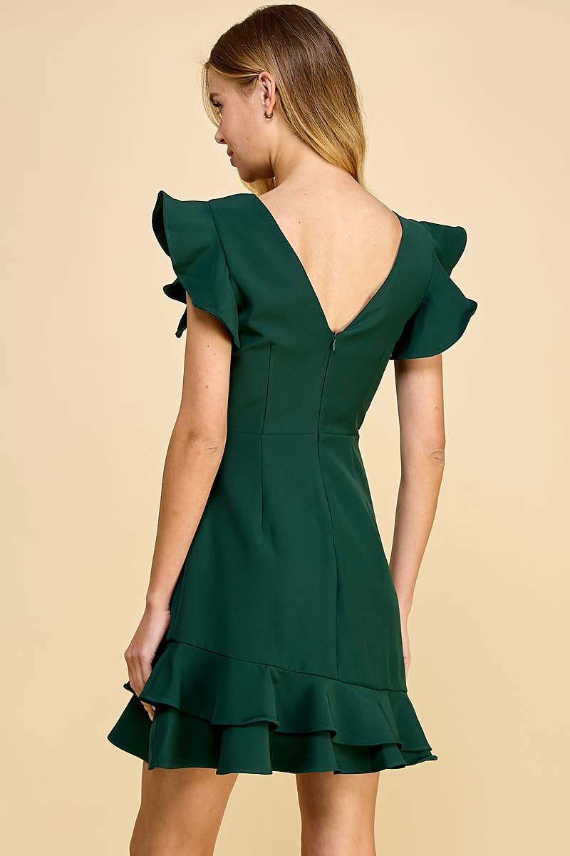 Hunter Green V-Back Ruffled Dress