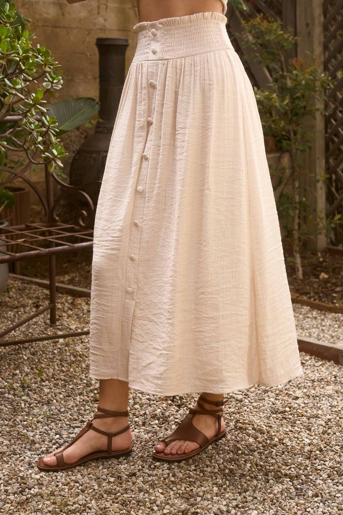 SMOCKED WAIST RUFFLE DETAIL BUTTON DOWN MIDI SKIRT