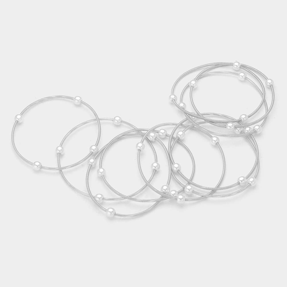 10PCS - Pearl Station Stretch Multi Layered Bracelets: Rhodium,White