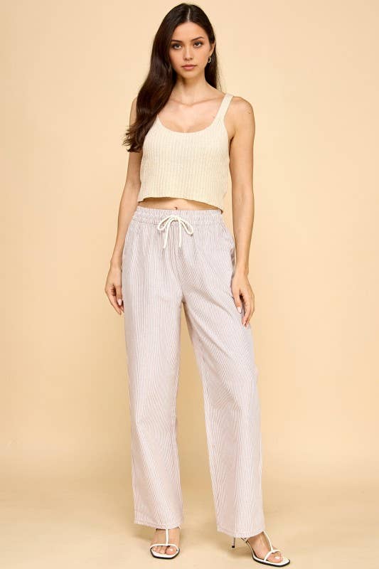 STRIPED DRAWSTRING STRAIGHT PANTS ~ Mocha