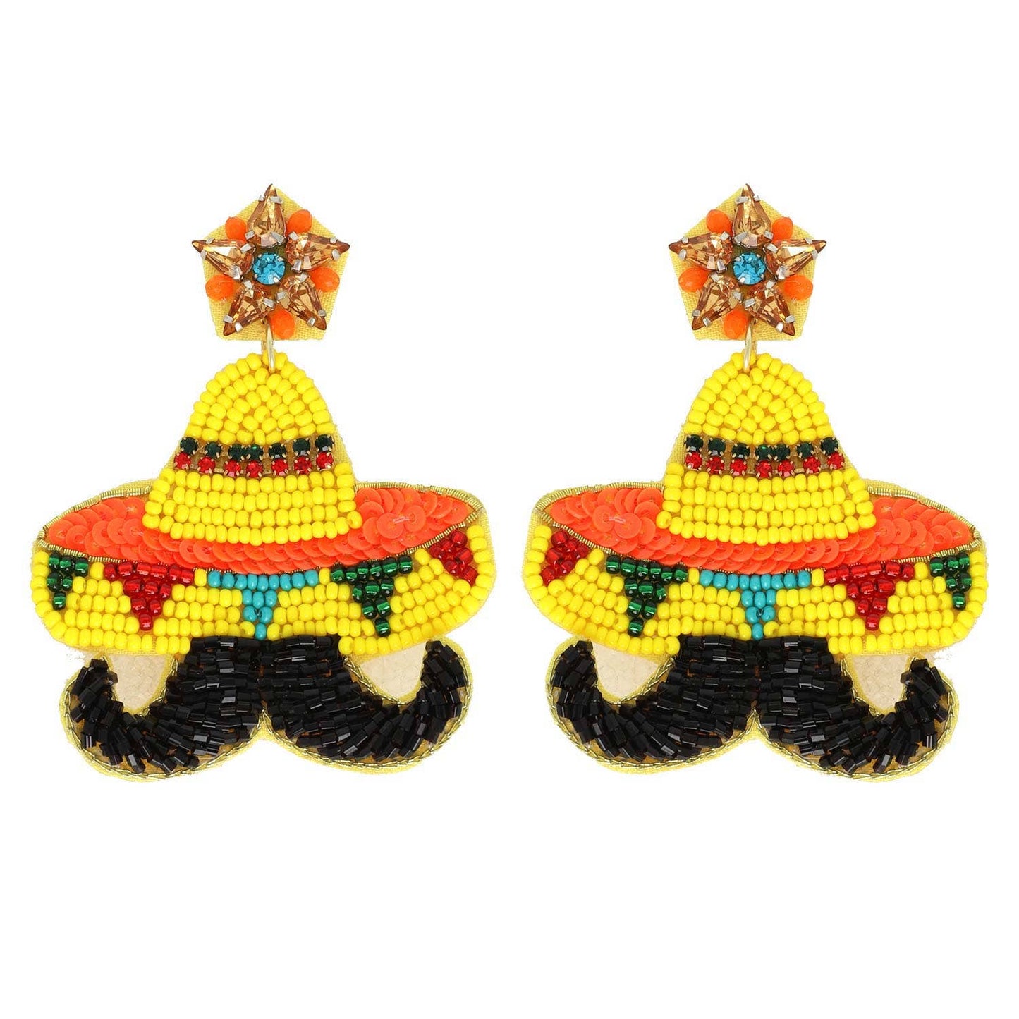 Cinco De Mayo Sombrero Mustache Beaded Earrings