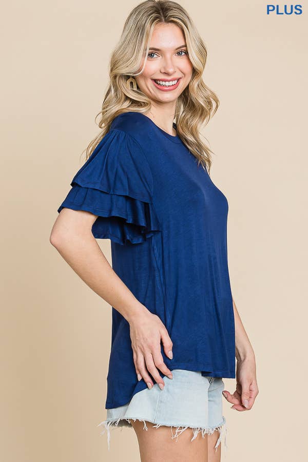 Plus Round Neck Semi Loose Ruffle Sleeve Top