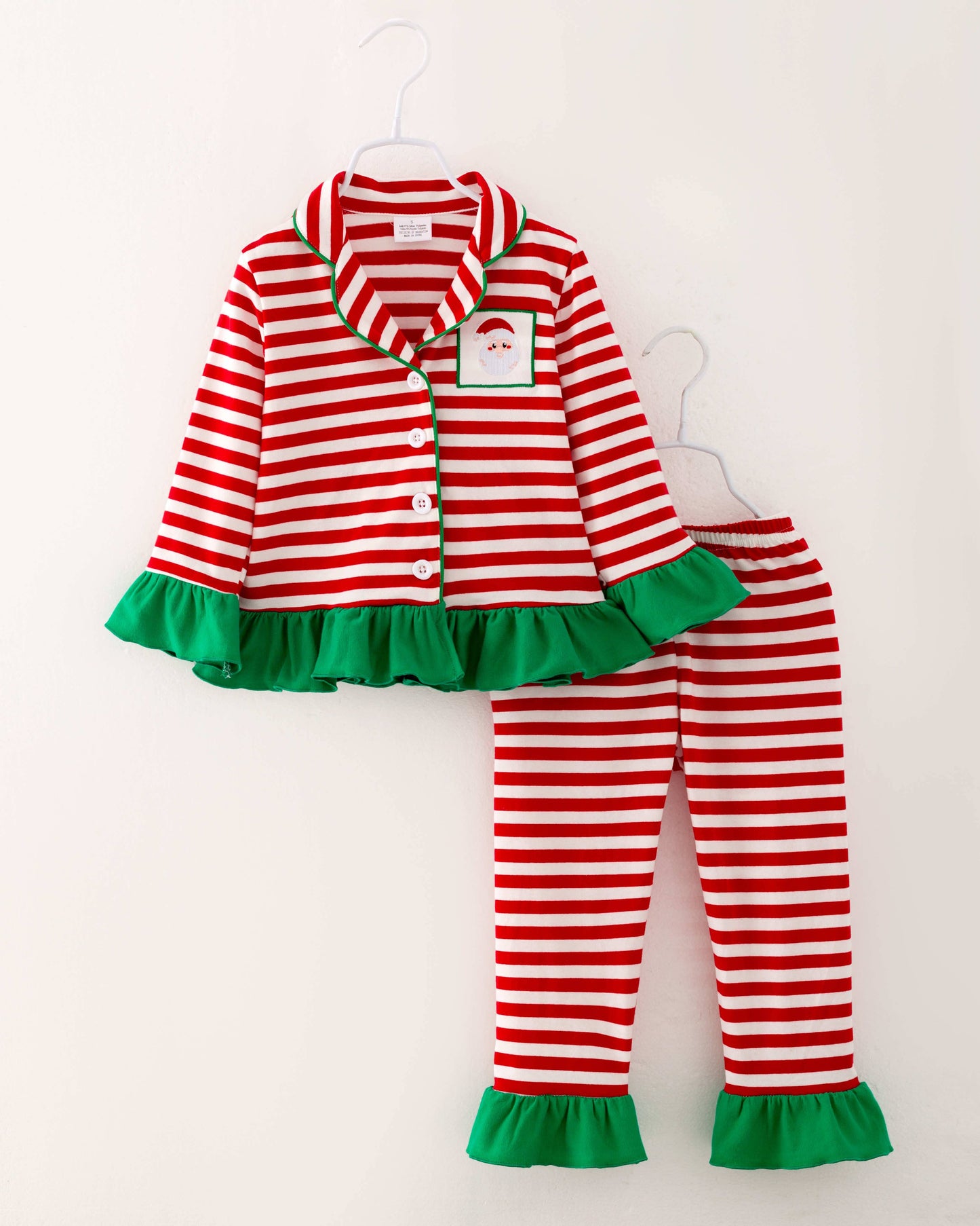 Christmas Red Stripe Santa Ruffle Girl Pajamas Sleepwear Set