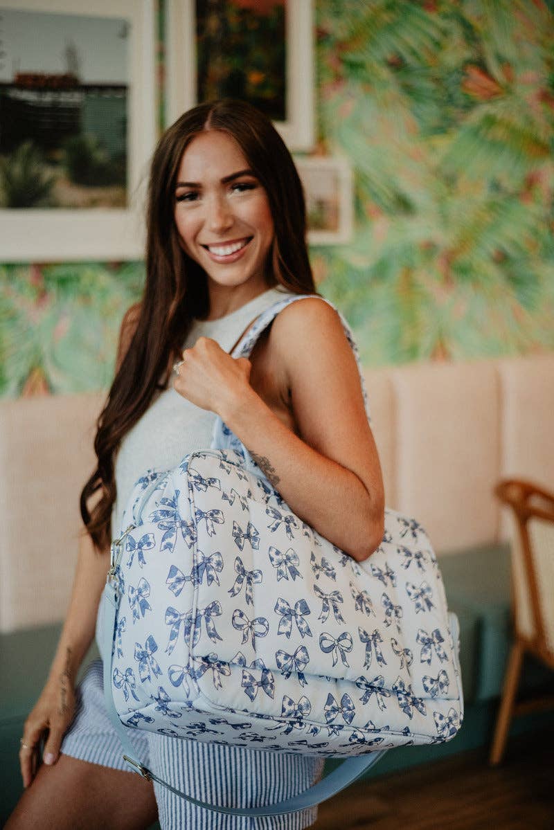 Light Blue Toile Coquette Bows Weekender: Light Blue