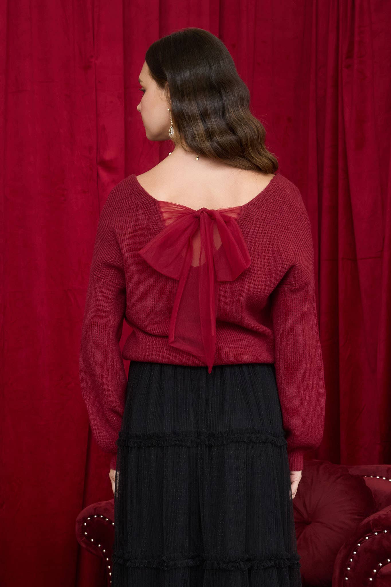 V NECK DROP SHOULDER BOW TIE SWEATER ~ DEEP RED