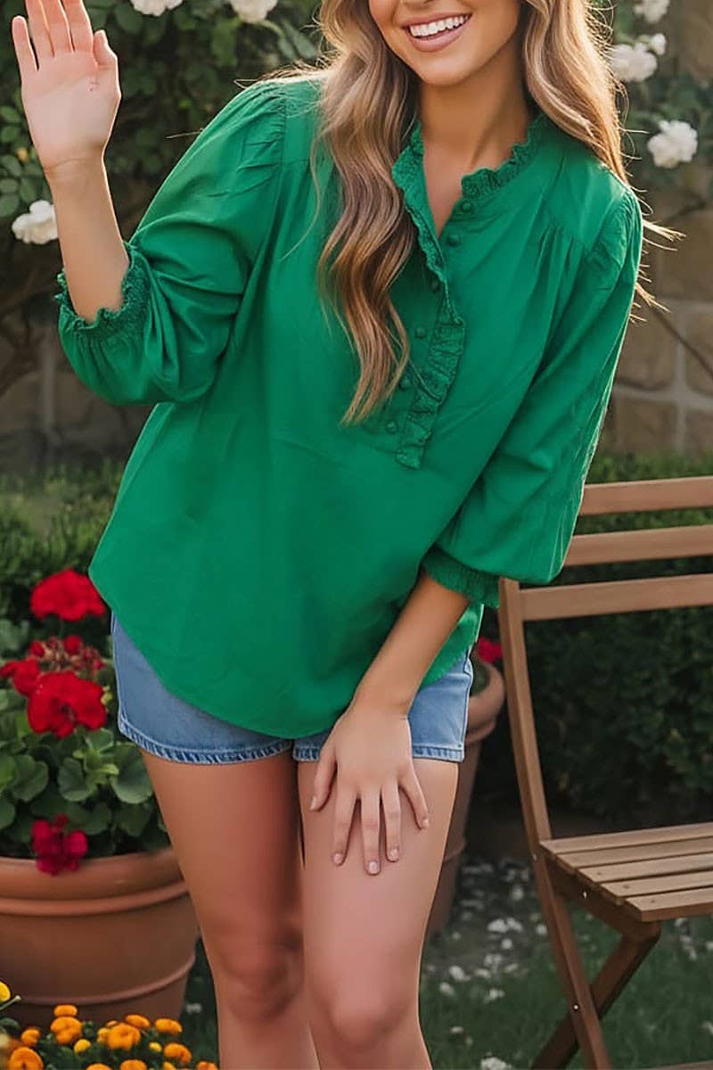 Eyelet Trim Puff Sleeve Blouse (Multiple Colors)