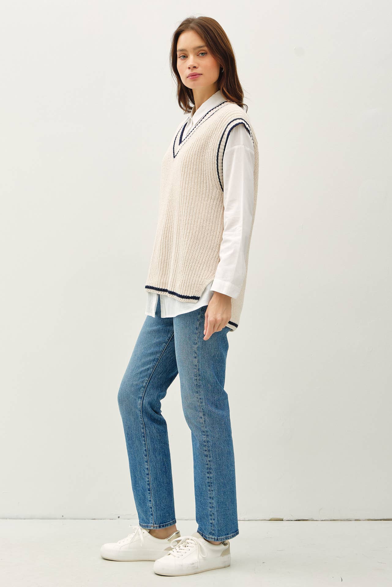 VARSITY STYLE SWEATER VEST WITH ACCENT STRIPE