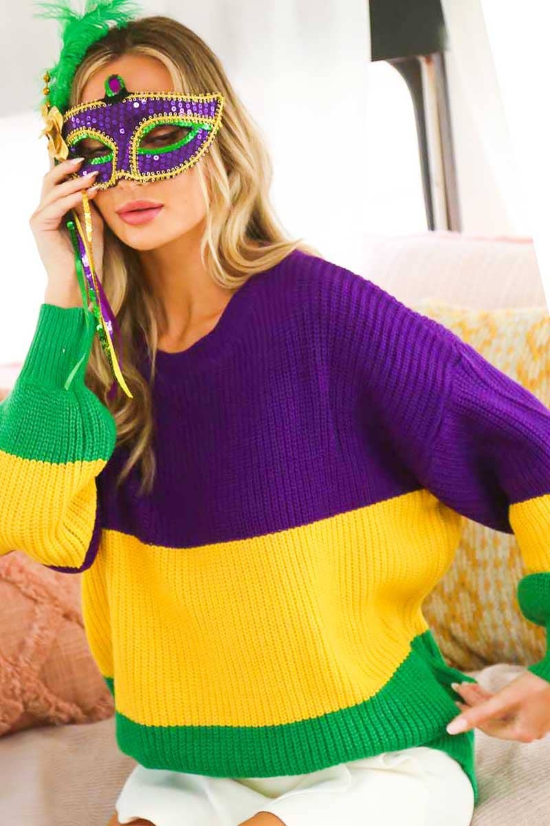 Color block Mardi Gras Round Neck Knitted Sweater