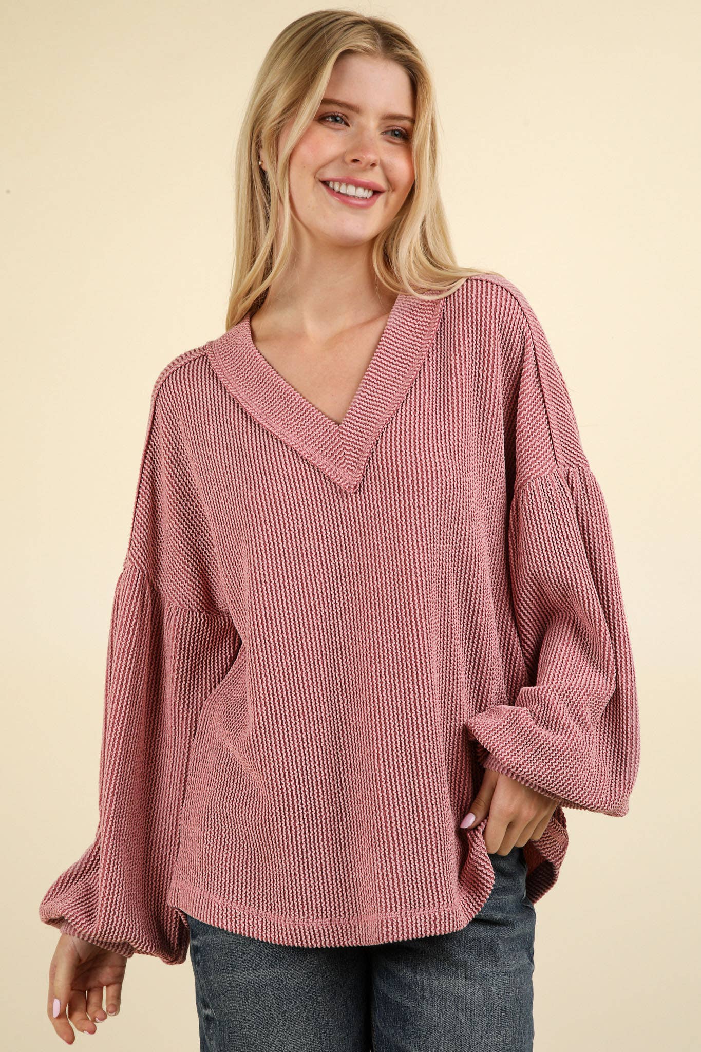 Ribbed V-Neck Oversized Knit Top