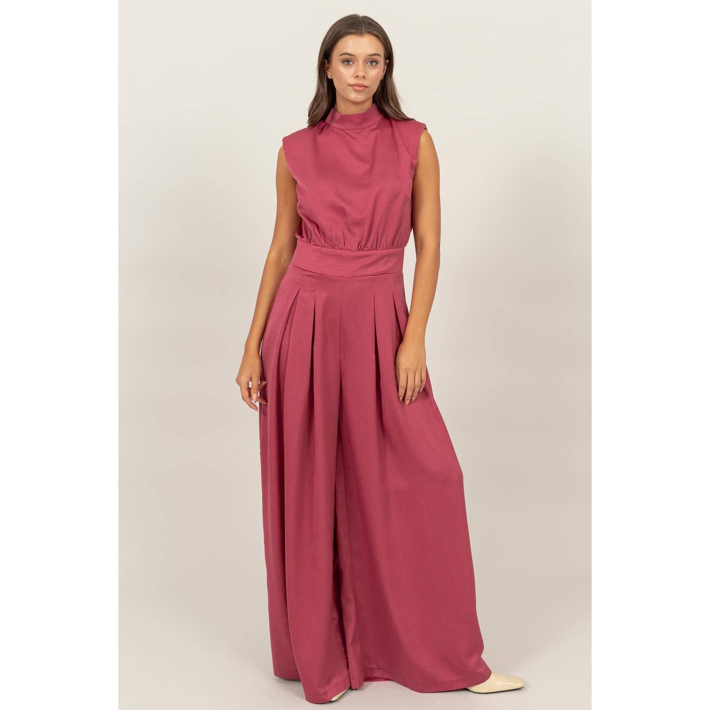 SLEEVELESS WIDE LEG SATIN JUMPSUIT