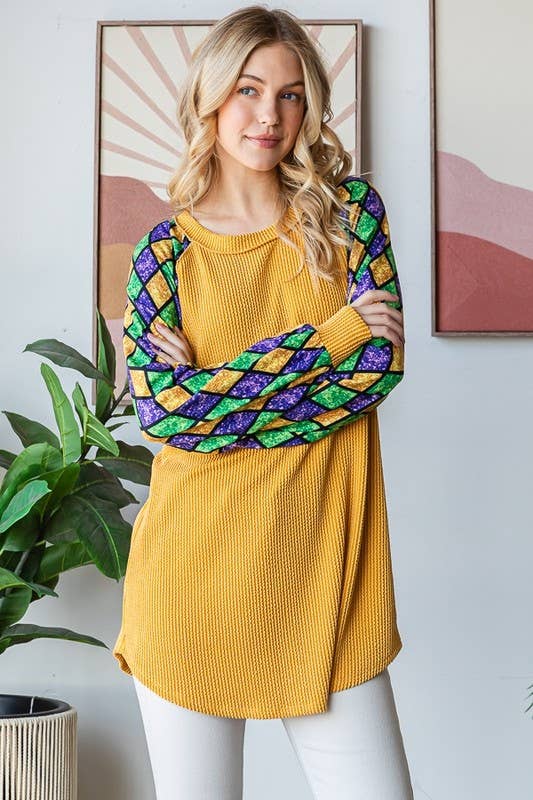 MARDI GRAS LONG SLEEVE URBAN RIBBED TOP ~ Faux Glitter Sleeve