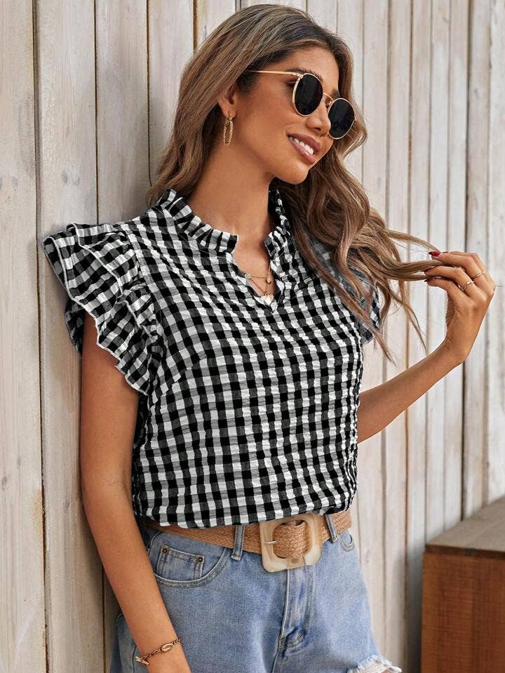 Double-layer ruffled edge patterned top (Multiple colors)