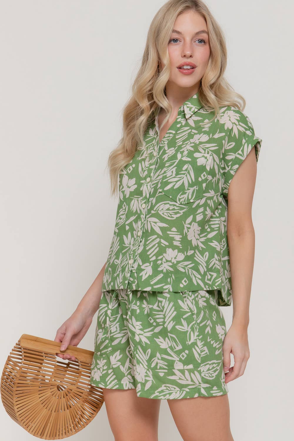 Dolman Short Sleeve Shirt & Print Linen Effect Shorts Set