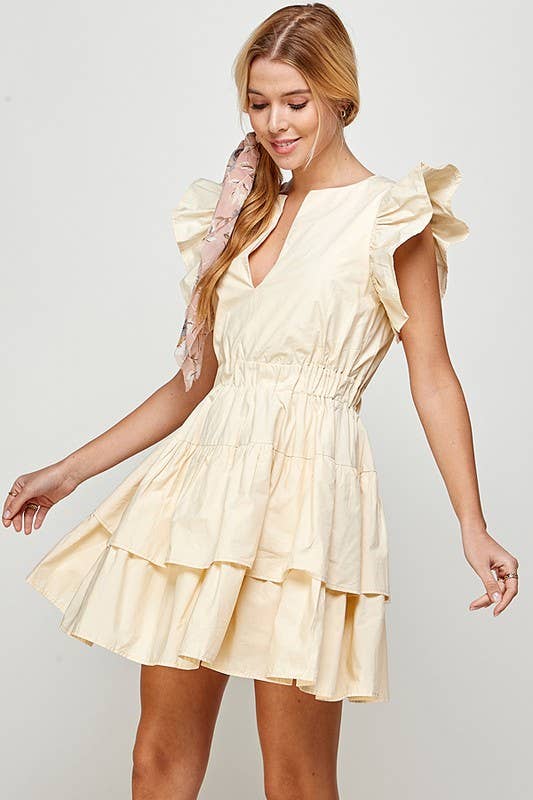 Frill Sleeve Deep Neckline Dress