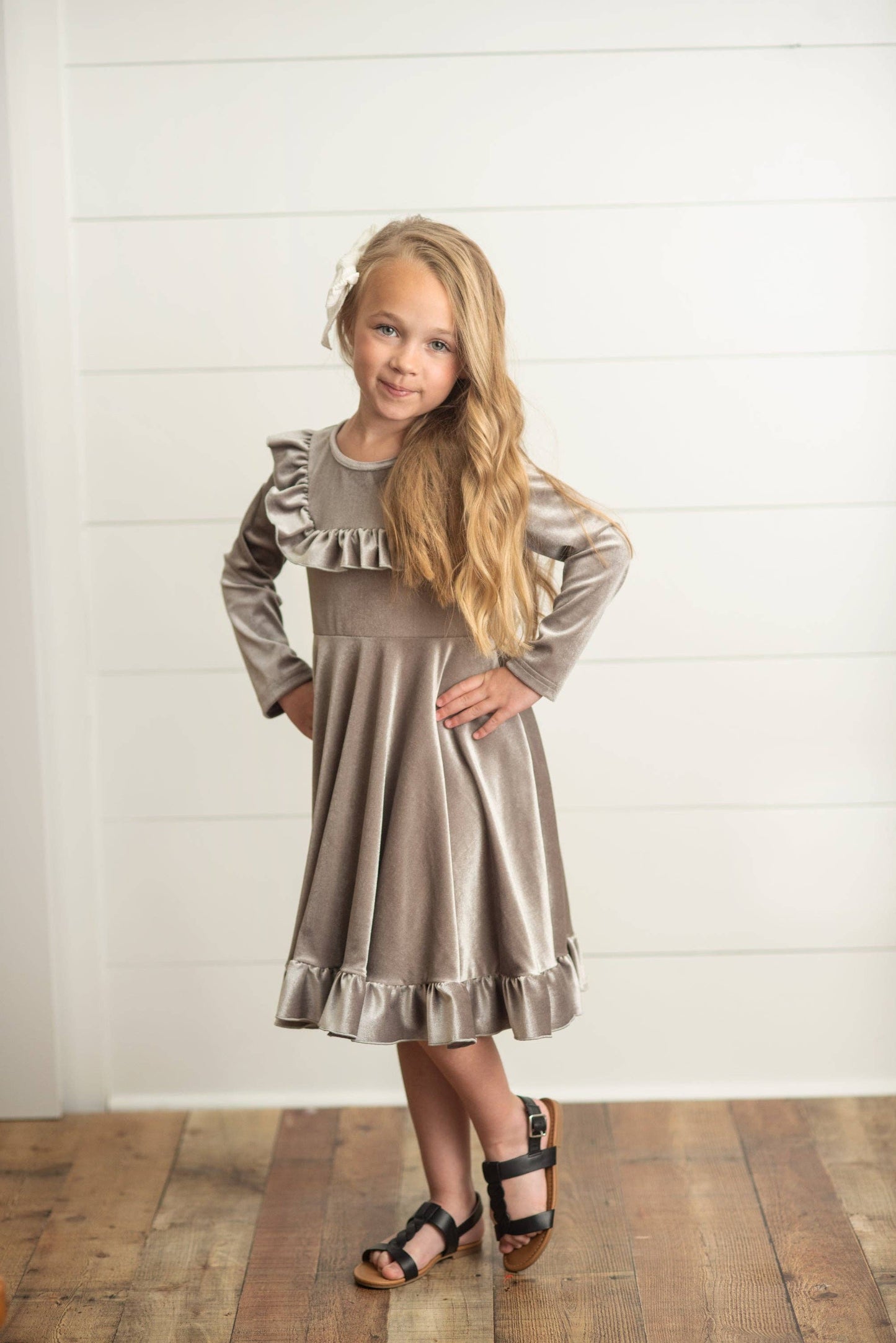 Kids Silver Velvet Ruffle Fancy Party Dress