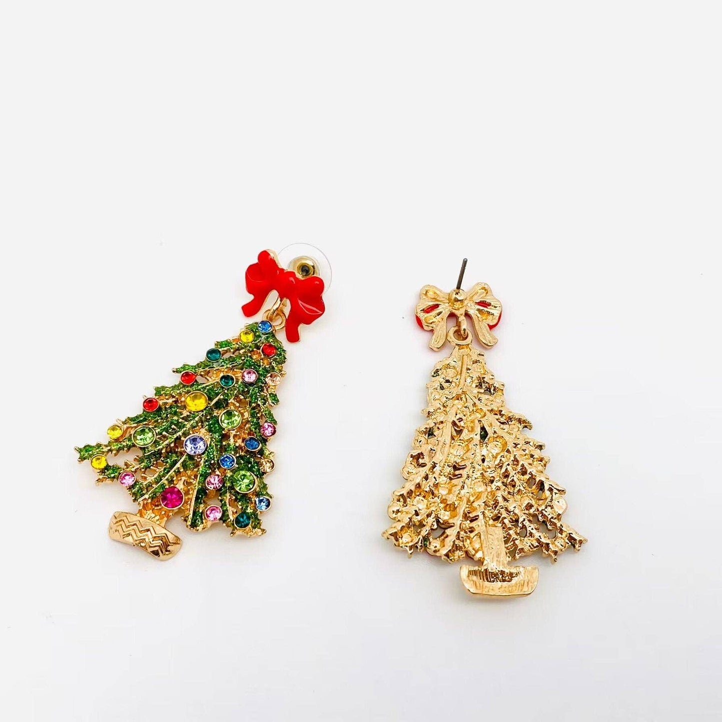 Christmas Tree Rhinestone Red Bow Post Earrings