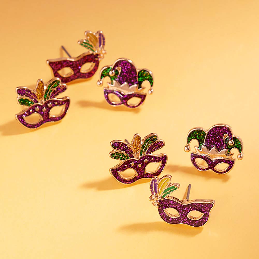 3Pairs - Enamel Mardi Gras Mask Stud Earring Set