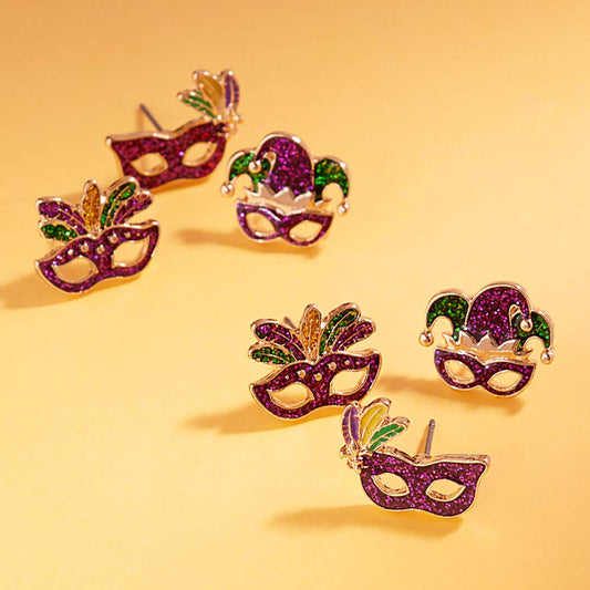 3Pairs - Enamel Mardi Gras Mask Stud Earring Set
