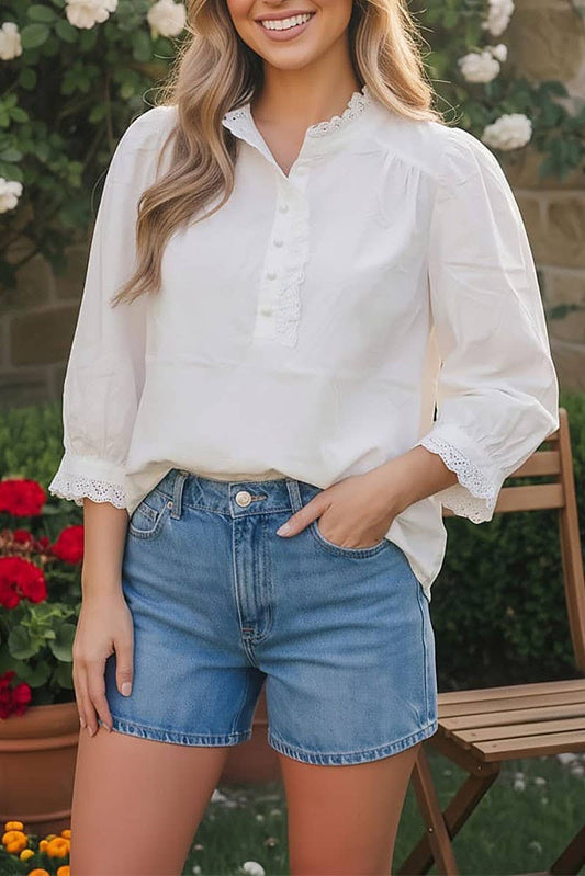 Eyelet Trim Puff Sleeve Blouse (Multiple Colors)