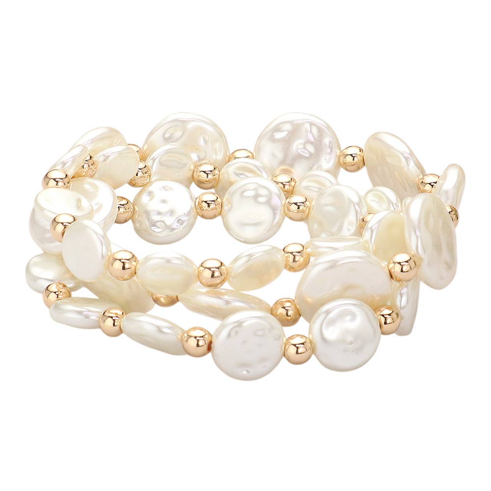 3PCS - Pearl Disc Beaded Stretch Multi Layered Bracelets