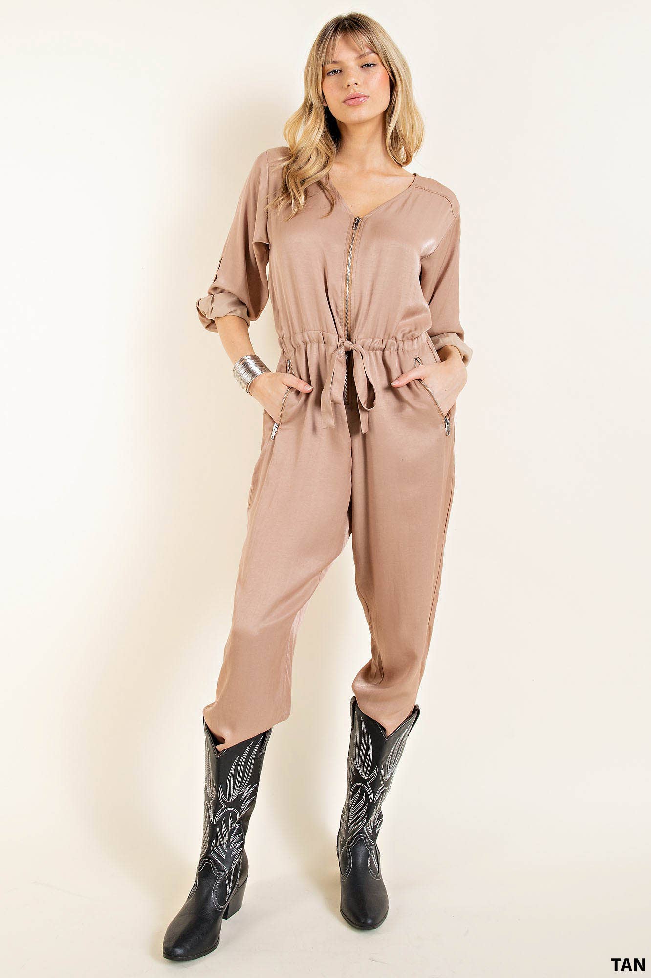 SATIN V NECK FRONT ZIPPER JUMPSUIT