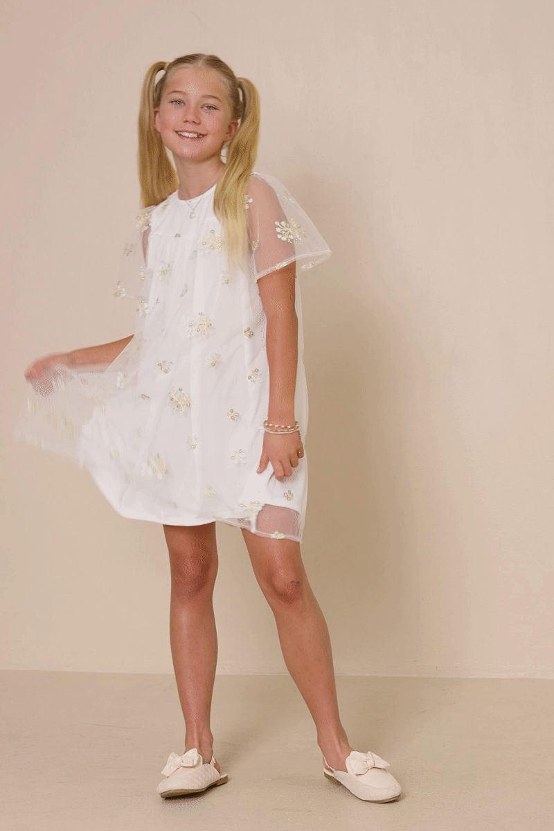 Girls Floral Embroidered Mesh Dress