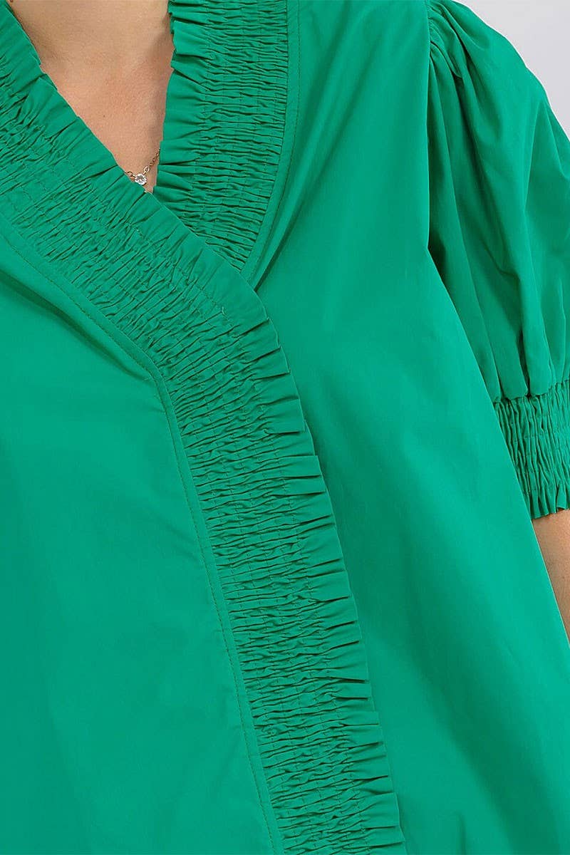 SHORT PUFF SLEEVE V-NECK RUFFLE BLOUSE