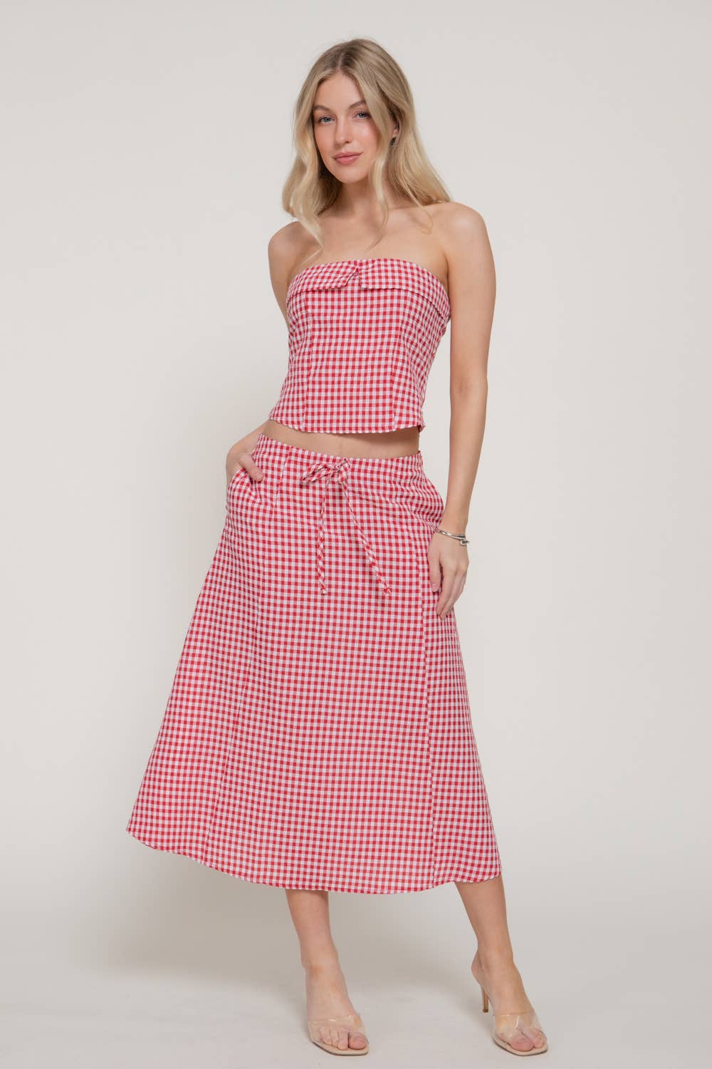 Seersucker Bandeau Top & A-line Midi Skirt Set