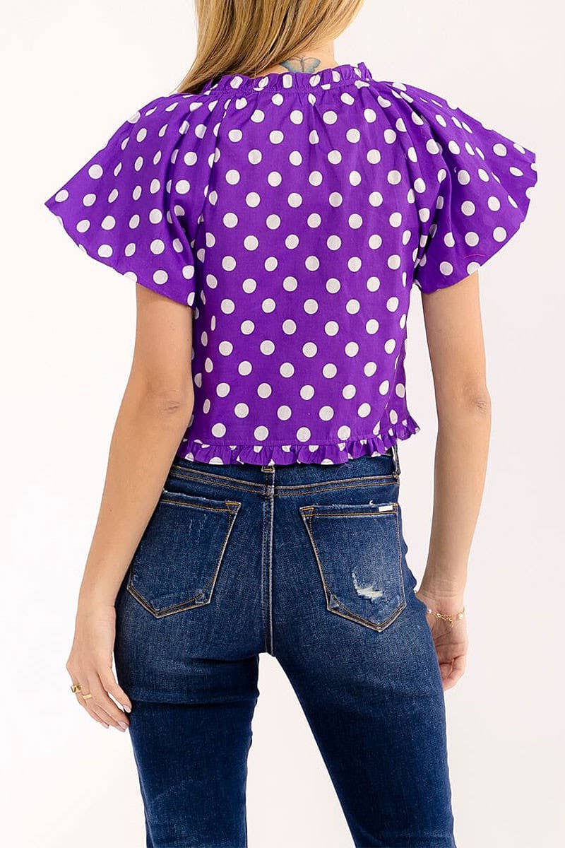 SHORT PUFF SLEEVE V-NECK FRONT TIE POLKA DOTS BLOUSE