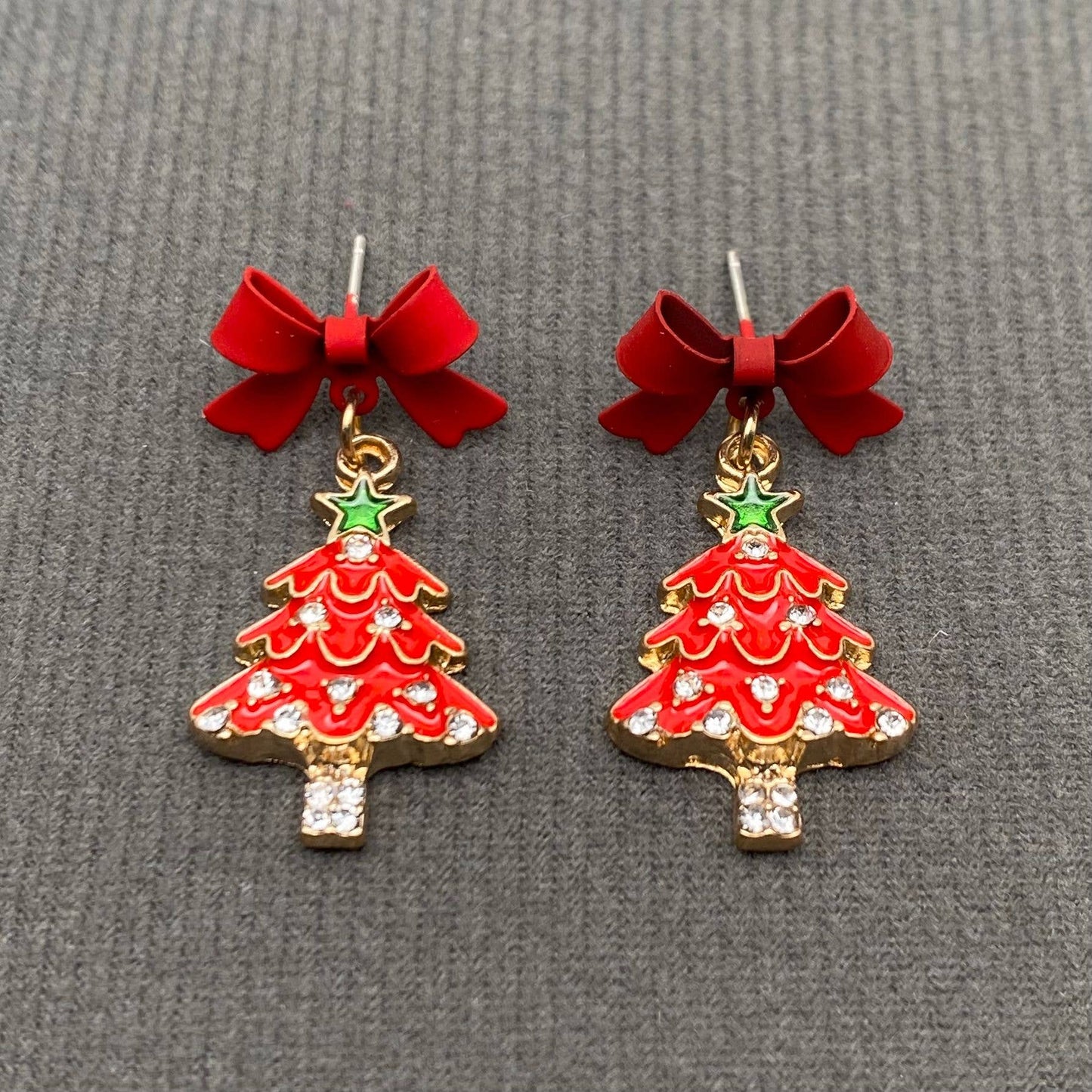 Rhinestone Red Enamel Christmas Tree Bow Post Earrings