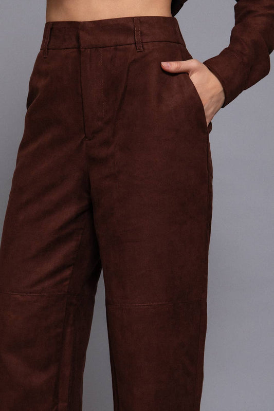 Faux Suede Straight Leg Woven Pants ~ Dark Brown