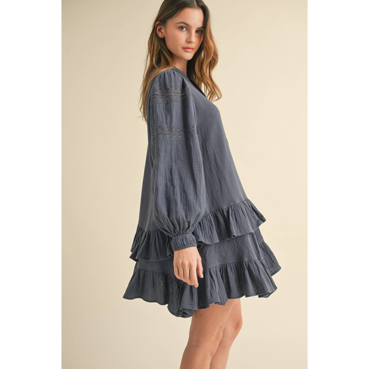 Indigo Blue LONG SLEEVE RUFFLE MINI DRESS