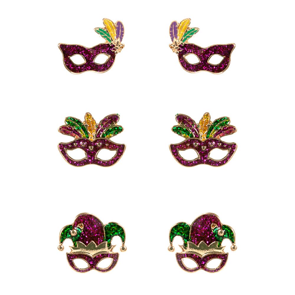 3Pairs - Enamel Mardi Gras Mask Stud Earring Set