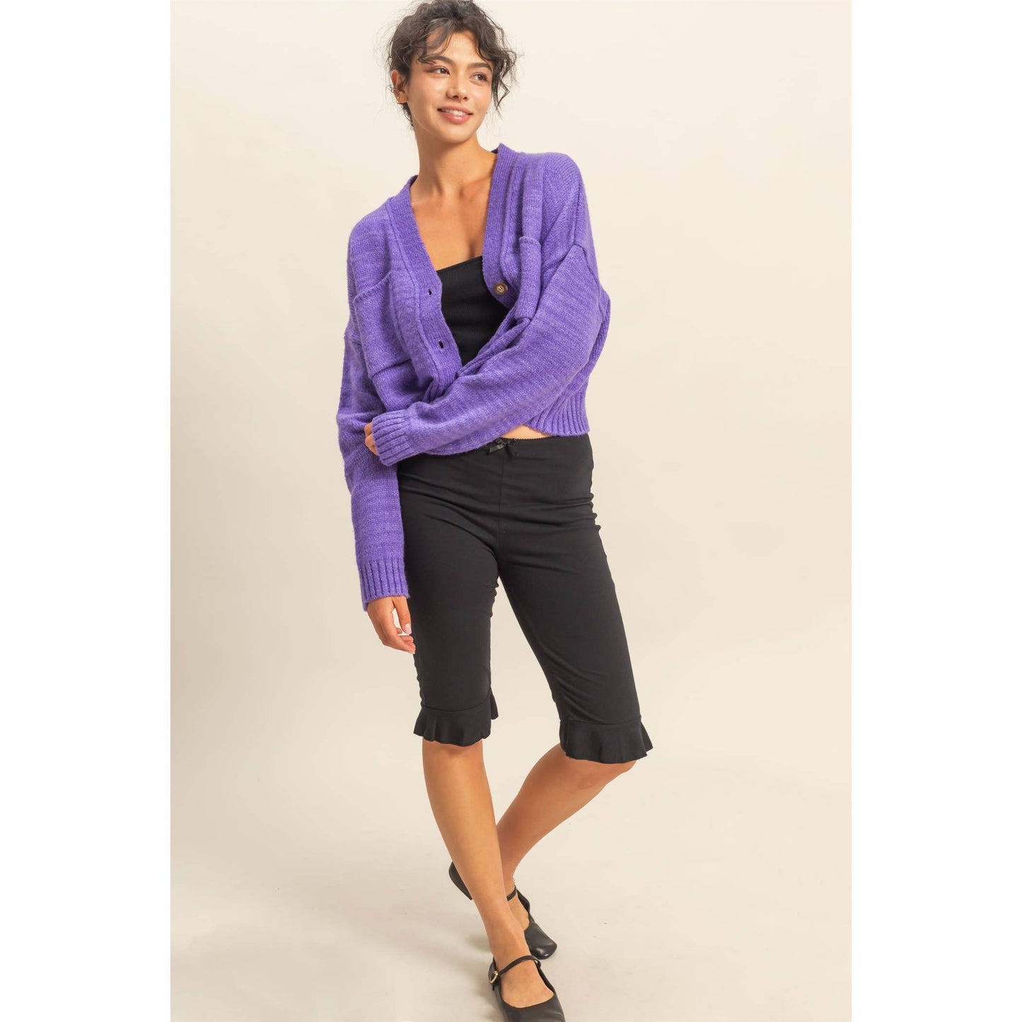 Drop Shoulder Cropped Cardigan Sweater