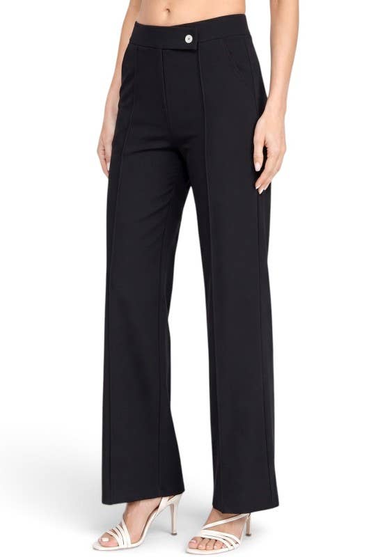 Button-Trimmed – High Rise Pleated Pants: Black