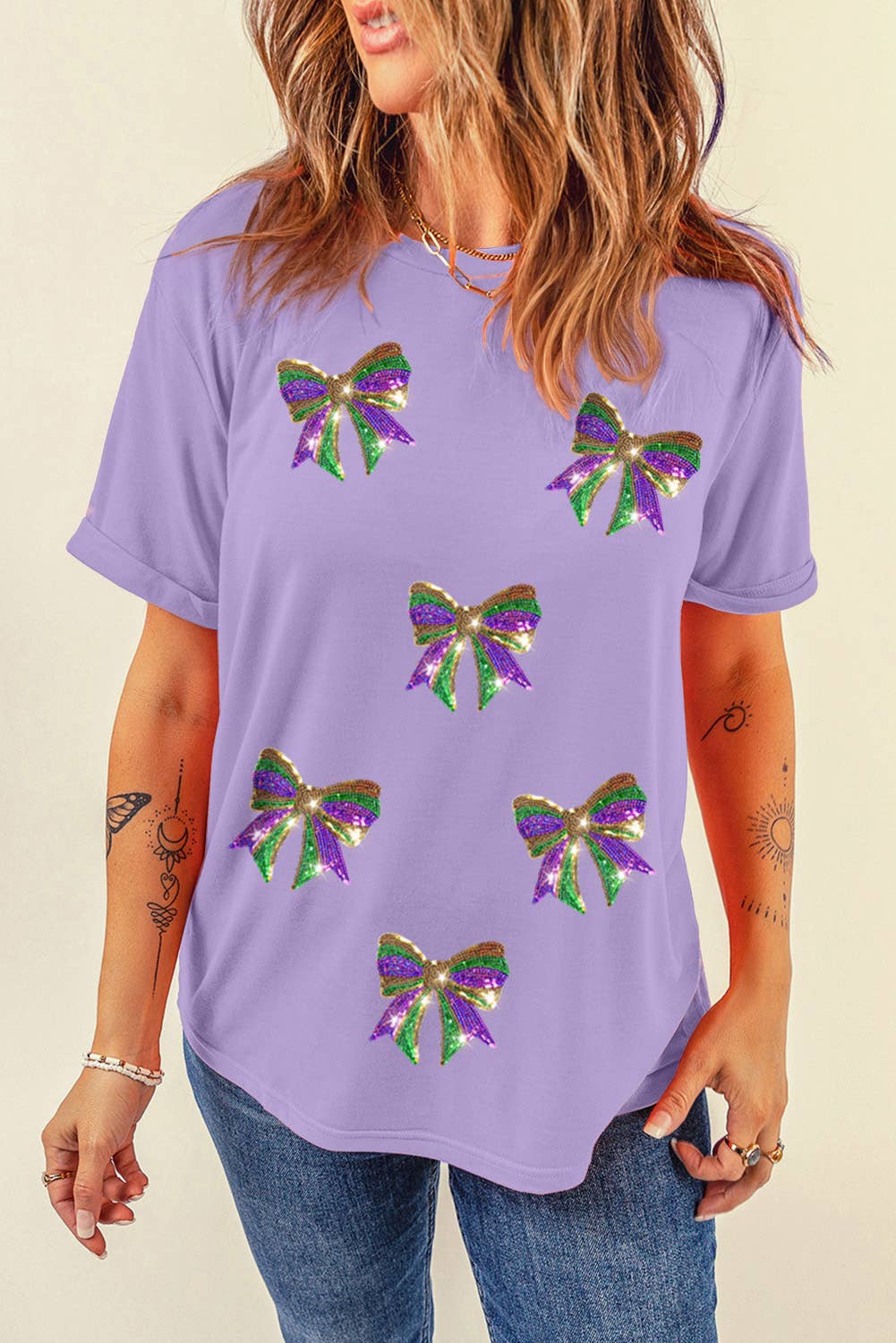 Sequined Bow Mardi Gras Graphic T Shirt