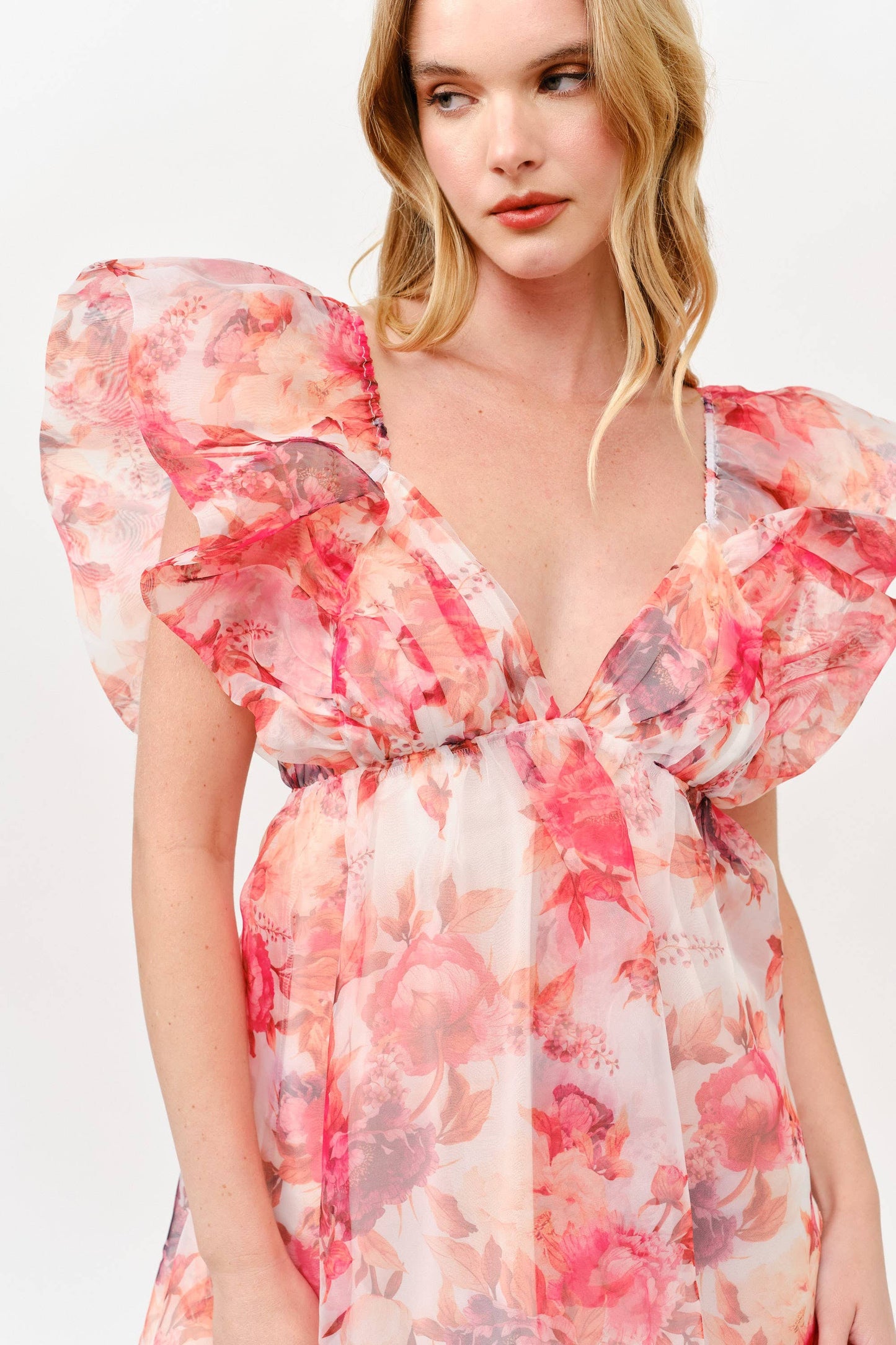 Pink Floral Chiffon Mini Dress with Ruffle Sleeves