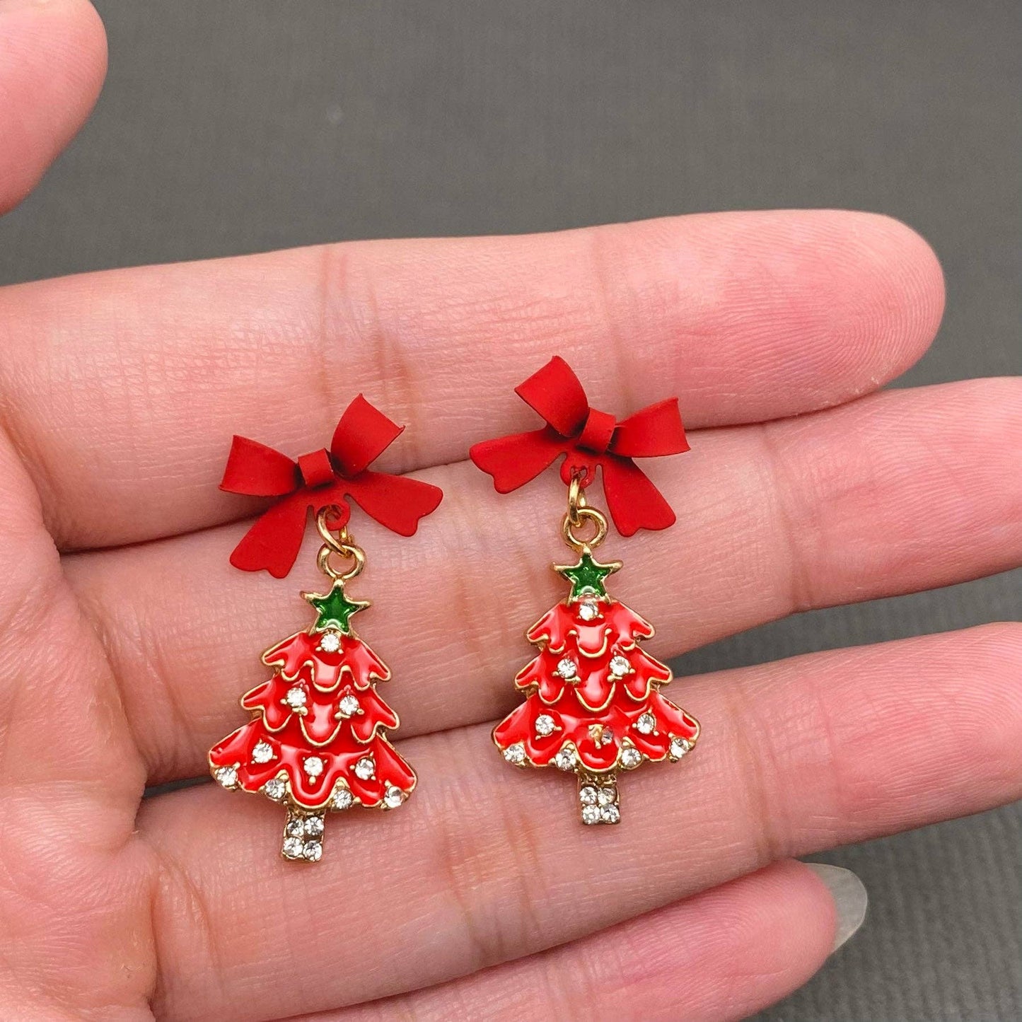 Rhinestone Red Enamel Christmas Tree Bow Post Earrings
